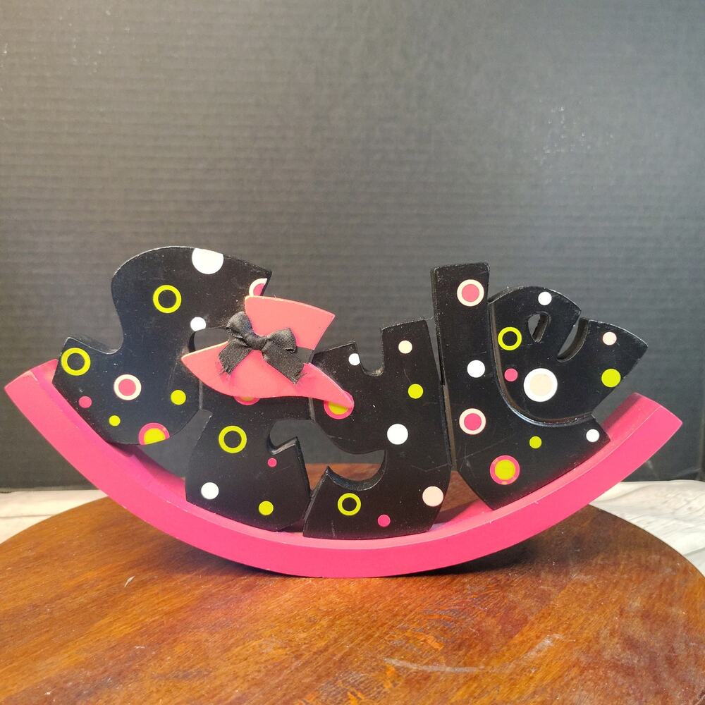Style Shelf Sitting Rocker Sign Black Pink Polka Dots Wood